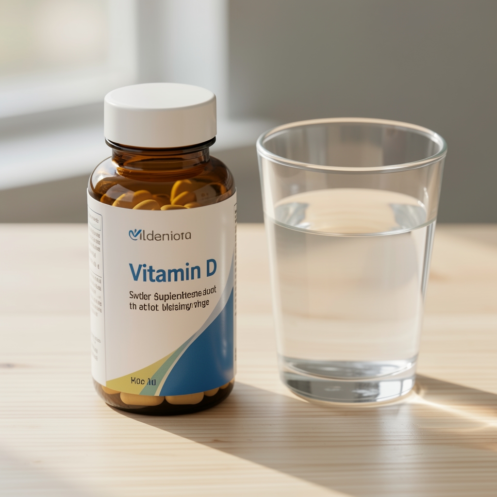 Vitamin D supplement bottle next to a glass of water on a light wooden surface, morning composition